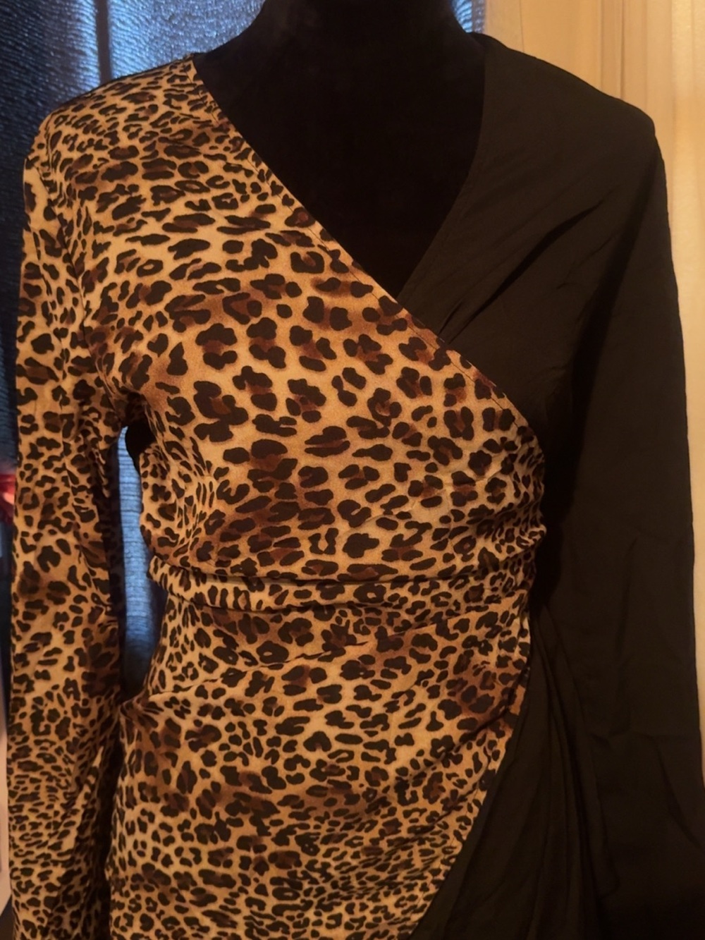 SHEIN Leopard Print Wrap Blouse with Black Panel